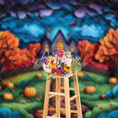 Aperturee - Aperturee Painted Castle Trees Pumpkins Halloween Backdrop