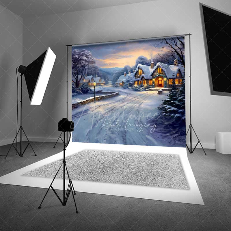 Aperturee - Aperturee Painted Christmas Village Photography Backdrop Snowy Cottages at Sunset Winter Wonderland Holiday Photo Prop