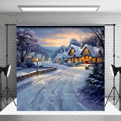 Aperturee - Aperturee Painted Christmas Village Photography Backdrop Snowy Cottages at Sunset Winter Wonderland Holiday Photo Prop