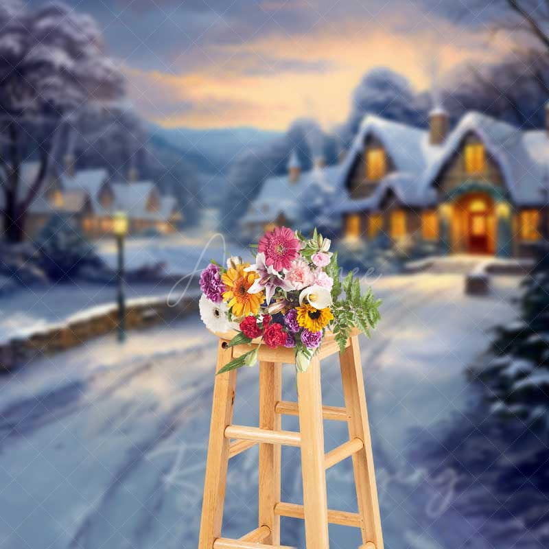 Aperturee - Aperturee Painted Christmas Village Photography Backdrop Snowy Cottages at Sunset Winter Wonderland Holiday Photo Prop