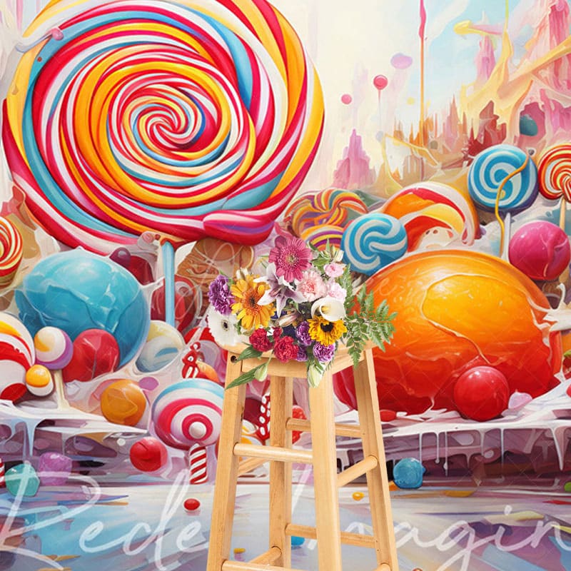 Aperturee - Aperturee Painted Colorful Candyland Cake Smash Photo Backdrop