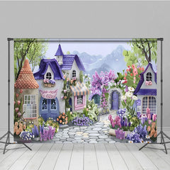 Aperturee - Aperturee Painted Fairy Town Purple Floral Mountain Backdrop