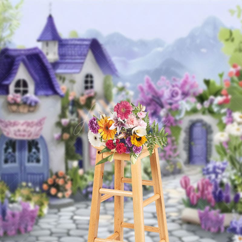 Aperturee - Aperturee Painted Fairy Town Purple Floral Mountain Backdrop