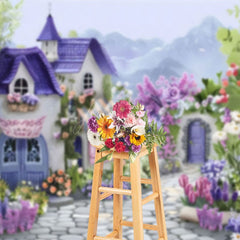 Aperturee - Aperturee Painted Fairy Town Purple Floral Mountain Backdrop