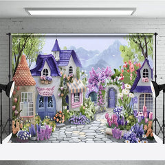 Aperturee - Aperturee Painted Fairy Town Purple Floral Mountain Backdrop