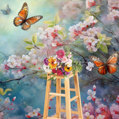 Aperturee - Aperturee Painted Pink Blossoms Butterfly Floral Photo Backdrop
