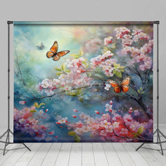 Aperturee - Aperturee Painted Pink Blossoms Butterfly Floral Photo Backdrop