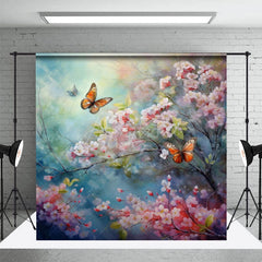 Aperturee - Aperturee Painted Pink Blossoms Butterfly Floral Photo Backdrop