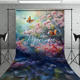 Aperturee - Aperturee Painted Pink Blossoms Butterfly Floral Sweep Backdrop