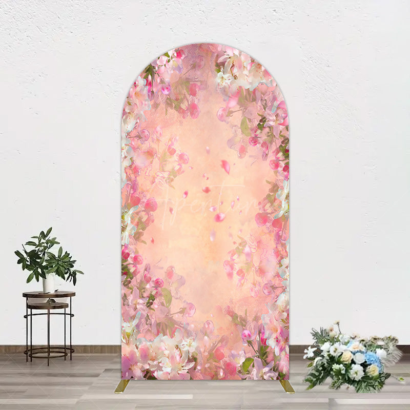 Aperturee - Aperturee Painted Pink Floral Leaves Birthday Arch Backdrop