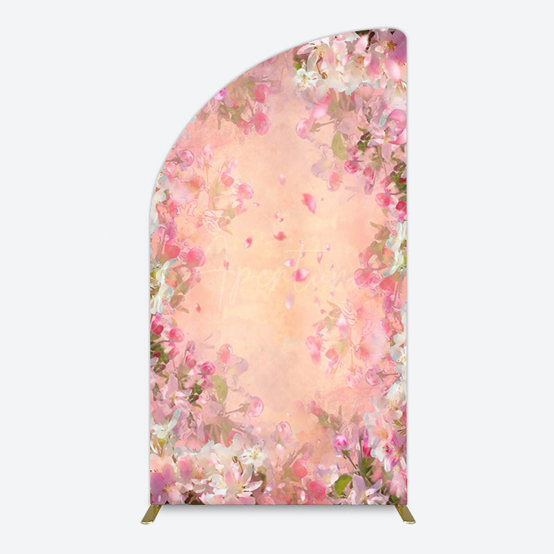 Aperturee - Aperturee Painted Pink Floral Leaves Birthday Half Moon Arch Backdrop