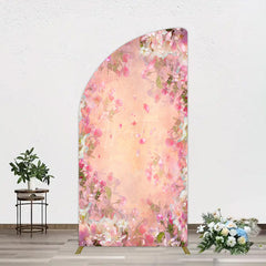 Aperturee - Aperturee Painted Pink Floral Leaves Birthday Half Moon Arch Backdrop
