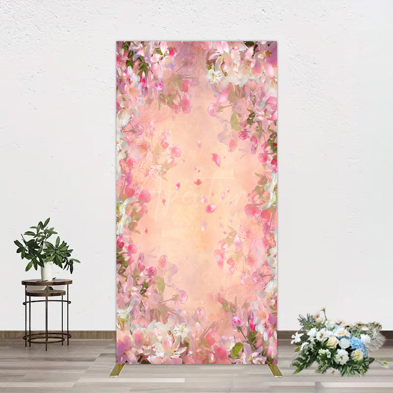 Aperturee - Aperturee Painted Pink Floral Leaves Birthday Rectangle Backdrop