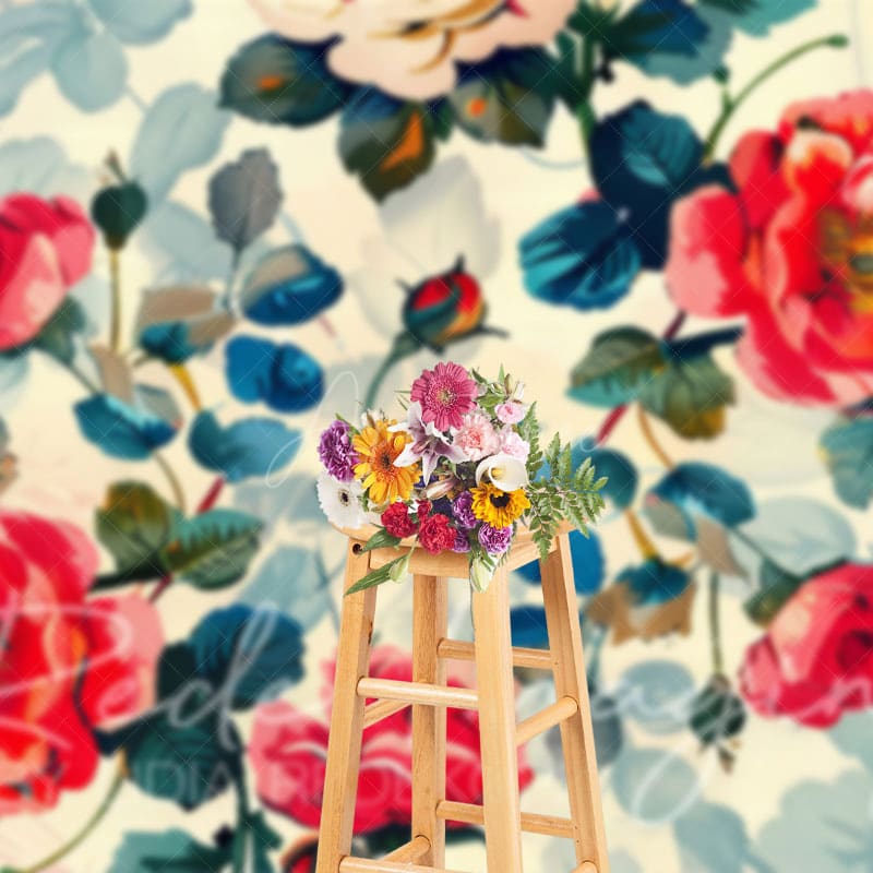 Aperturee - Aperturee Painted Pink Spring Florals Leaves Photo Backdrop