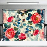 Aperturee - Aperturee Painted Pink Spring Florals Leaves Photo Backdrop