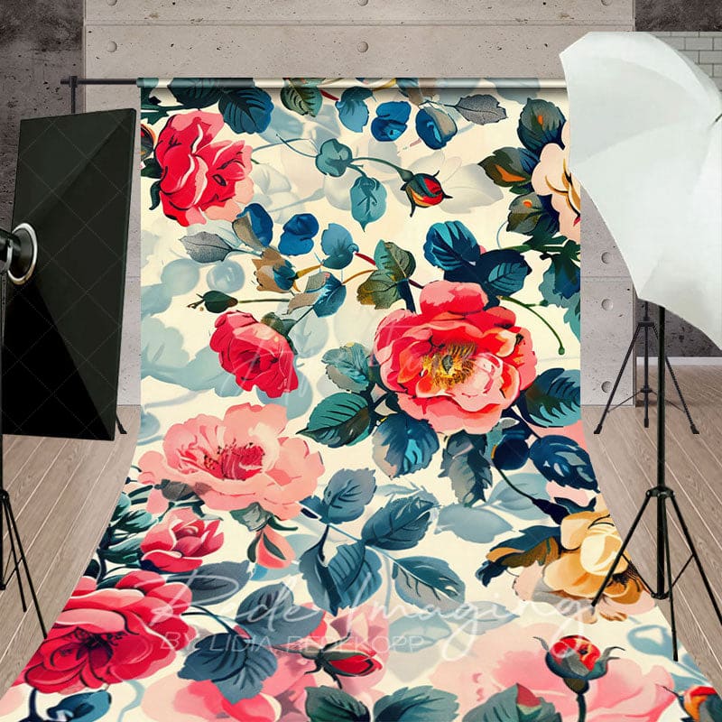 Aperturee - Aperturee Painted Pink Spring Florals Leaves Sweep Backdrop