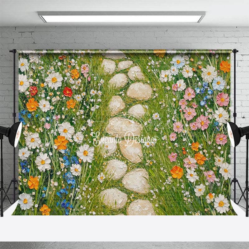 Aperturee - Aperturee Painted Plant Floral Stone Garden Path Photo Backdrop