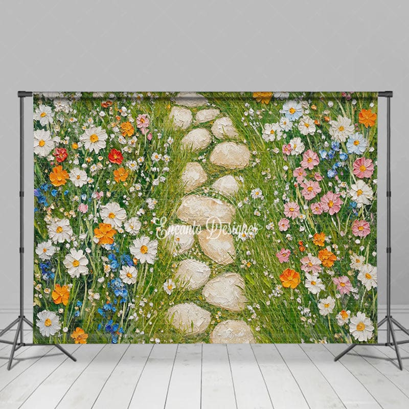 Aperturee - Aperturee Painted Plant Floral Stone Garden Path Photo Backdrop