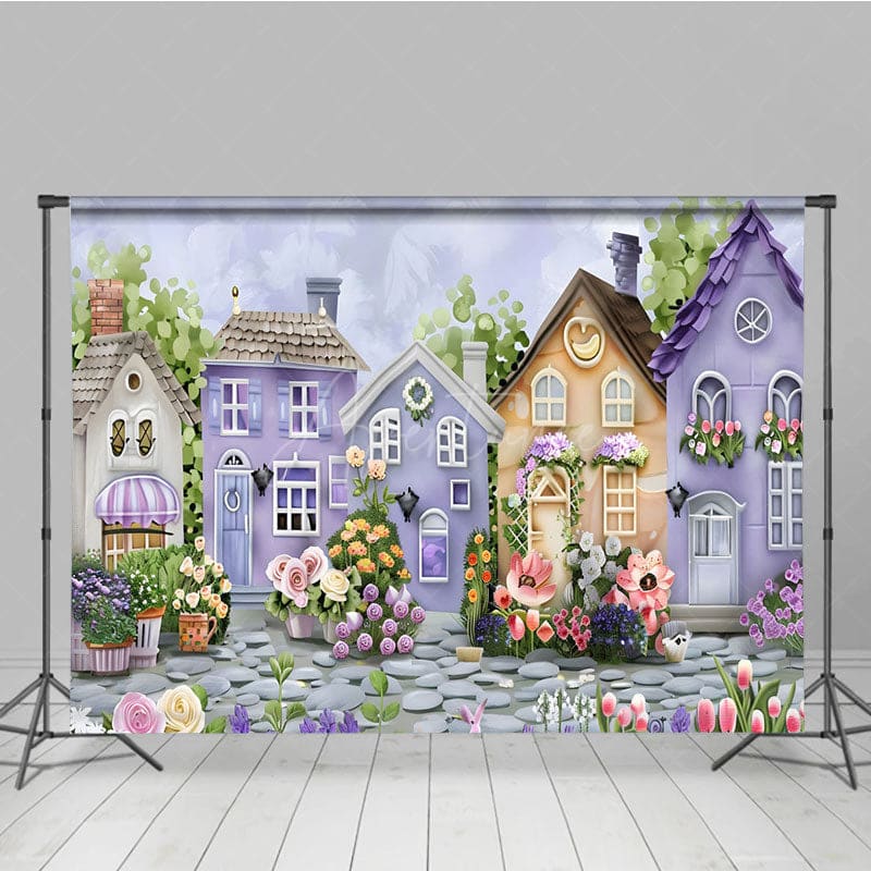 Aperturee - Aperturee Painted Purple Brown Town Floral Spring Backdrop