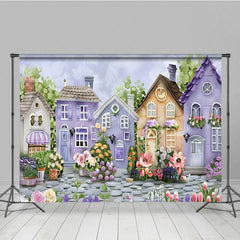 Aperturee - Aperturee Painted Purple Brown Town Floral Spring Backdrop