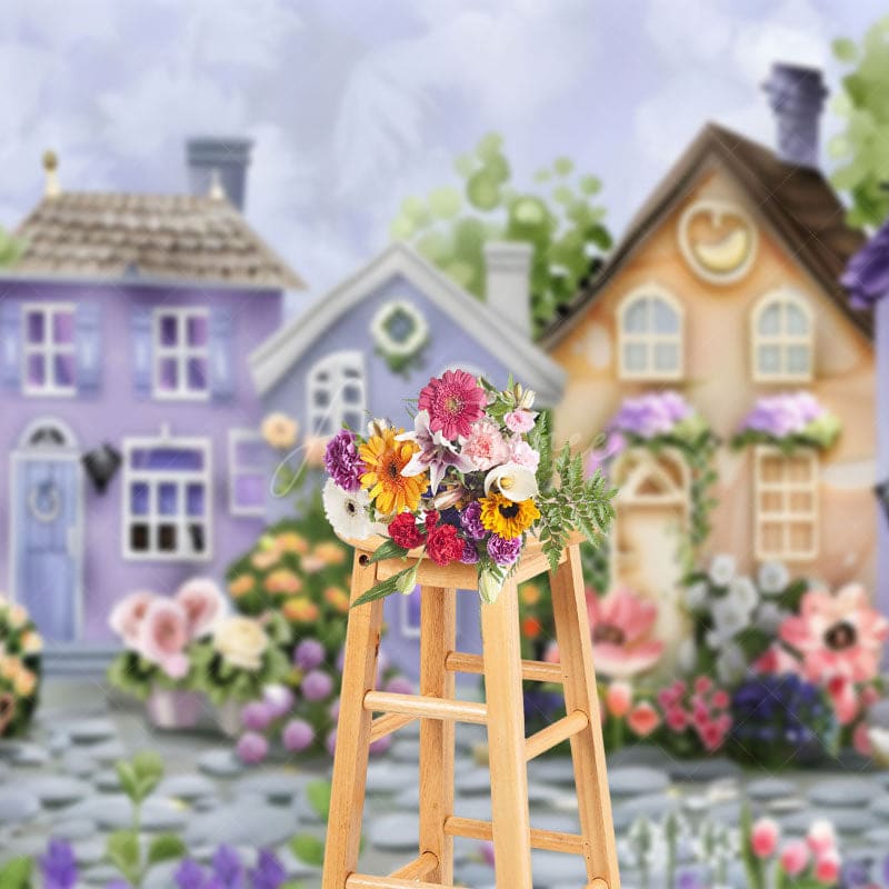 Aperturee - Aperturee Painted Purple Brown Town Floral Spring Backdrop