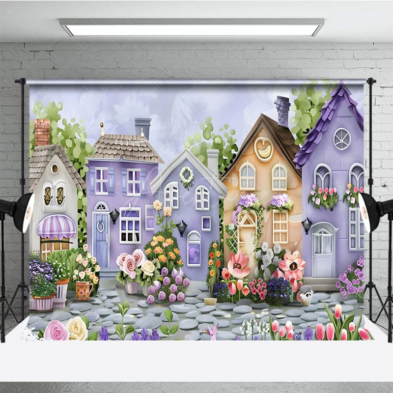 Aperturee - Aperturee Painted Purple Brown Town Floral Spring Backdrop