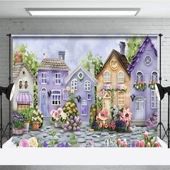 Aperturee - Aperturee Painted Purple Brown Town Floral Spring Backdrop