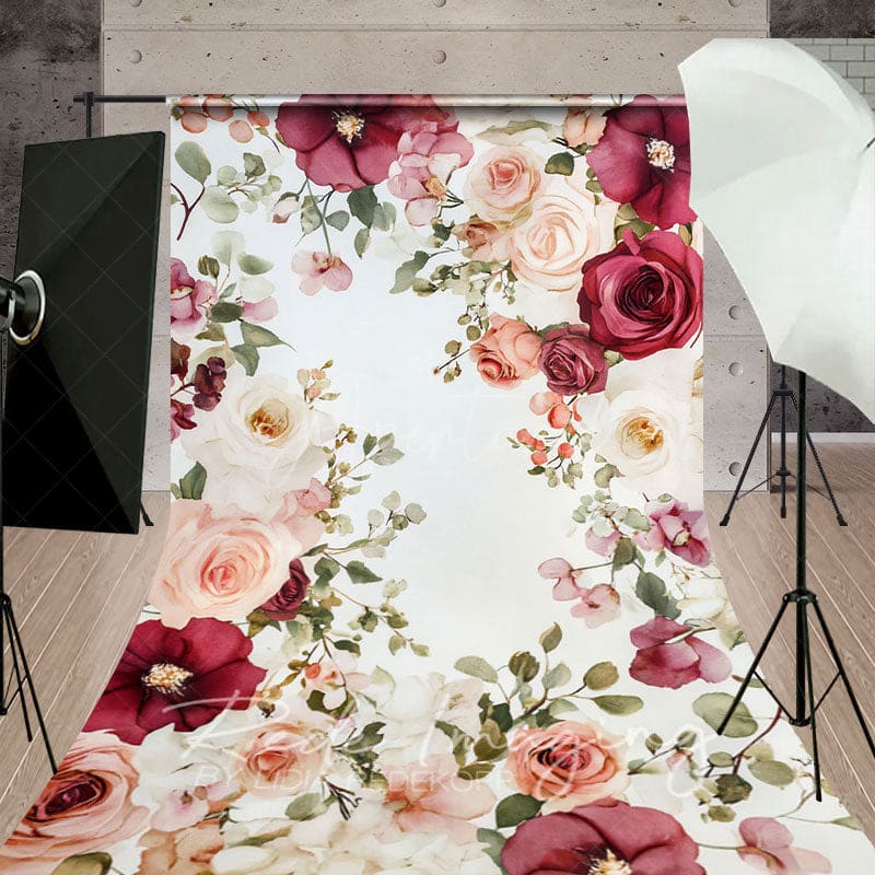 Aperturee - Aperturee Painted Red Pink Spring Florals Sweep Photo Backdrop