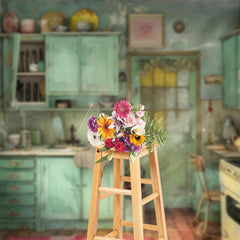 Aperturee - Aperturee Painted Rural Green Retro Kitchen Photo Backdrop