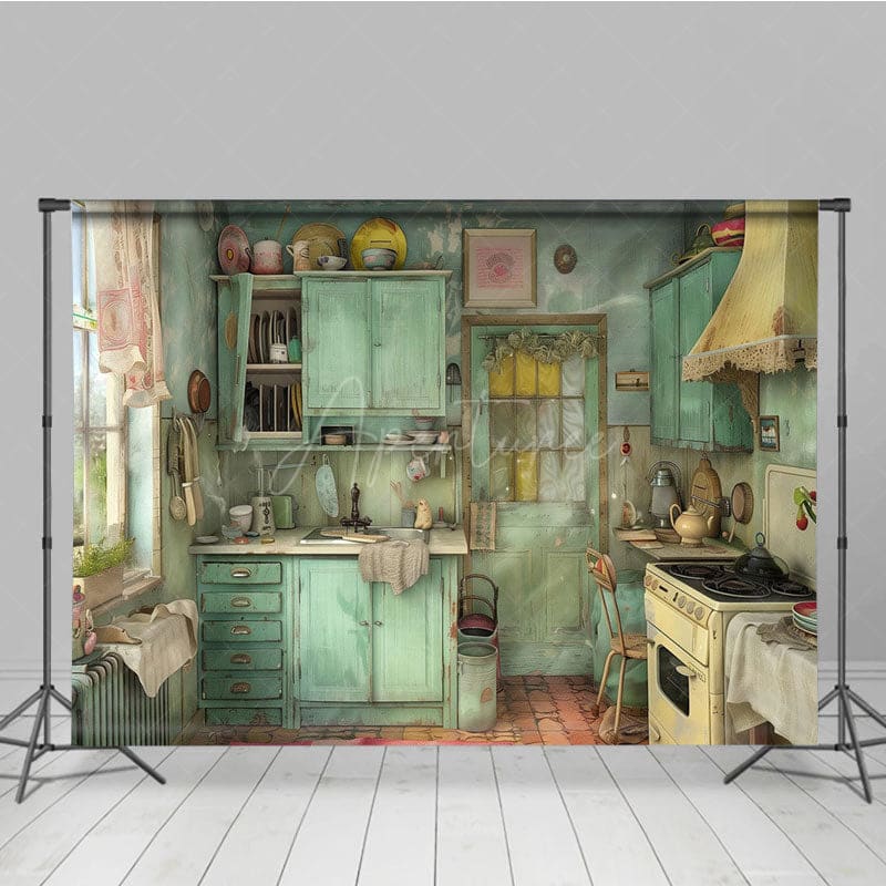 Aperturee - Aperturee Painted Rural Green Retro Kitchen Photo Backdrop