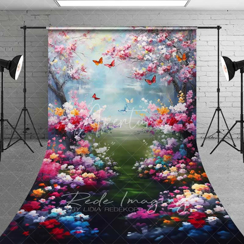 Aperturee - Aperturee Painterly Spring Cherry Blossom Backdrop Vibrant Colorful Flowers Butterflies Lake Photography Background