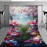 Aperturee - Aperturee Painterly Spring Cherry Blossom Backdrop Vibrant Colorful Flowers Butterflies Lake Photography Background