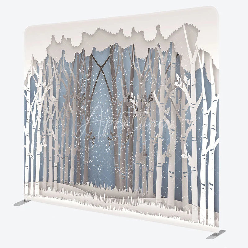 Aperturee - Aperturee Paper Cut Winter Forest Double-Sided Tension Fabric Backdrop Birch Trees in Snow Holiday Party Photo Booth