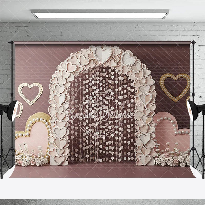 Aperturee - Aperturee Paper Heart Arch Valentine Day Backdrop Hanging Hearts Beads Pink Background Romantic Wedding Photography Decor