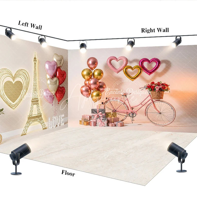 Aperturee - Aperturee Paris Love Room Set Backdrop Eiffel Tower Bicycle Photography Background Romantic Valentine Heart Photo Prop