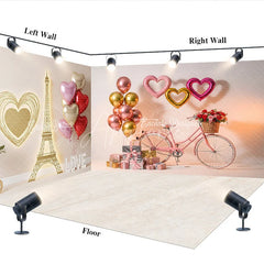 Aperturee - Aperturee Paris Love Room Set Backdrop Eiffel Tower Bicycle Photography Background Romantic Valentine Heart Photo Prop
