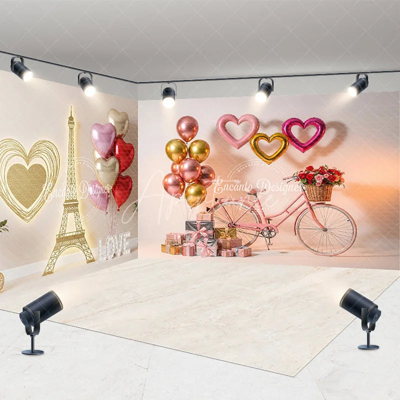 Aperturee - Aperturee Paris Love Room Set Backdrop Eiffel Tower Bicycle Photography Background Romantic Valentine Heart Photo Prop