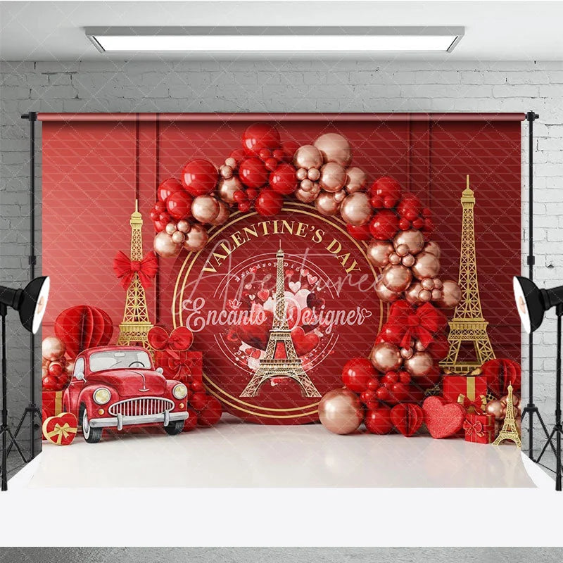 Aperturee - Aperturee Paris Valentine Day Backdrop Red Car Eiffel Tower Love Romance Background Couple Wedding Photography Studio Prop