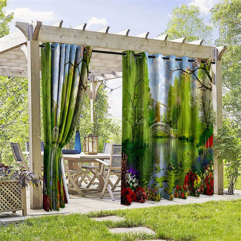 Aperturee - Aperturee Park Lake View Waterproof Printed Outdoor Curtains