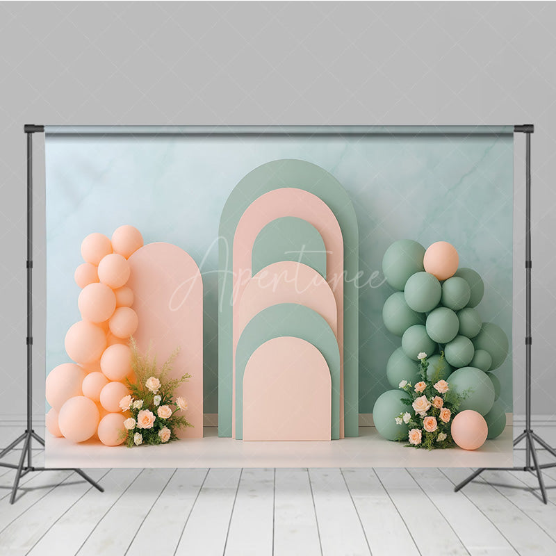 Aperturee Aperturee Pastel Arch Panels Cake Smash Backdrop Pink and Sage Green Balloons Modern First Birthday Photography Prop