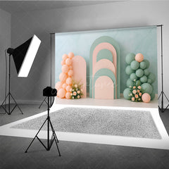 Aperturee Aperturee Pastel Arch Panels Cake Smash Backdrop Pink and Sage Green Balloons Modern First Birthday Photography Prop