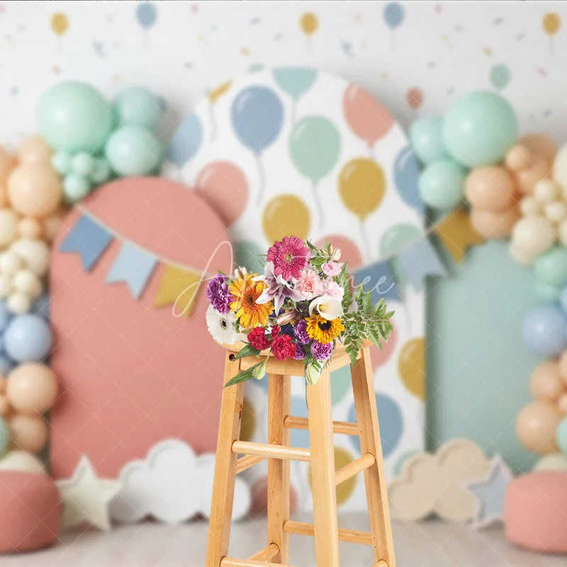 Aperturee - Aperturee Pastel Balloon and Bunting Banner Photography Backdrop Arched Panels for Baby Shower or Birthday Party Decor