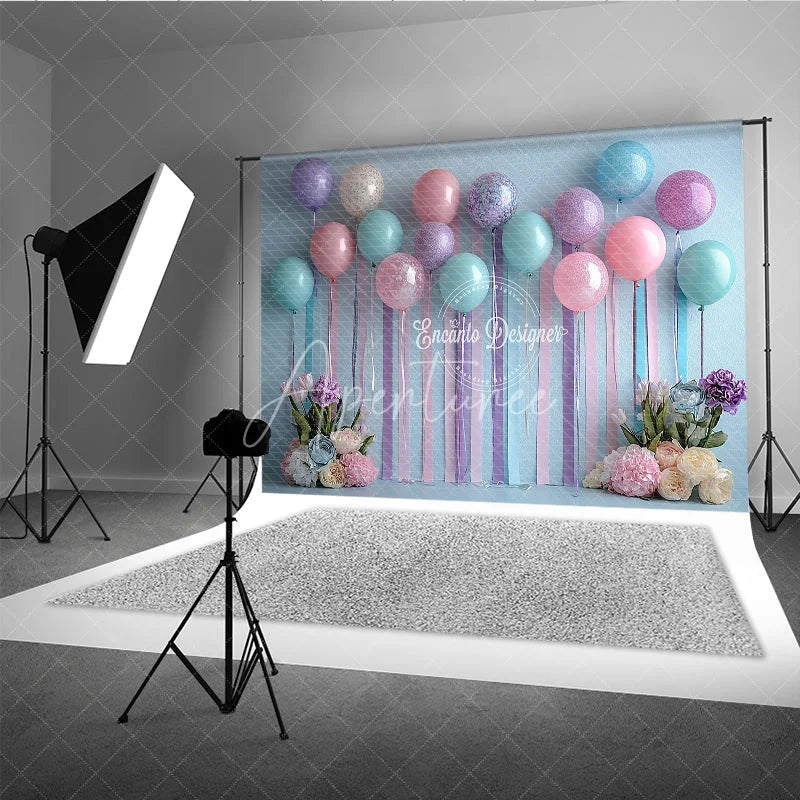 Aperturee - Aperturee Pastel Balloon and Streamer Photography Backdrop Pink Blue and Purple for Wedding or Birthday Party Photo Booth