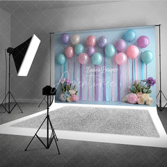 Aperturee - Aperturee Pastel Balloon and Streamer Photography Backdrop Pink Blue and Purple for Wedding or Birthday Party Photo Booth