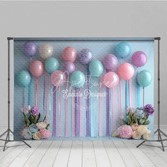 Aperturee - Aperturee Pastel Balloon and Streamer Photography Backdrop Pink Blue and Purple for Wedding or Birthday Party Photo Booth