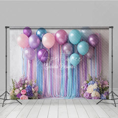 Aperturee - Aperturee Pastel Balloon and Streamer Photography Backdrop Purple Pink and Blue for Wedding or Birthday Party Photo Booth