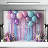 Aperturee - Aperturee Pastel Balloon and Streamer Photography Backdrop Purple Pink and Blue for Wedding or Birthday Party Photo Booth