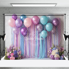 Aperturee - Aperturee Pastel Balloon and Streamer Photography Backdrop Purple Pink and Blue for Wedding or Birthday Party Photo Booth