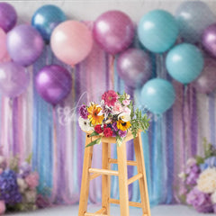 Aperturee - Aperturee Pastel Balloon and Streamer Photography Backdrop Purple Pink and Blue for Wedding or Birthday Party Photo Booth