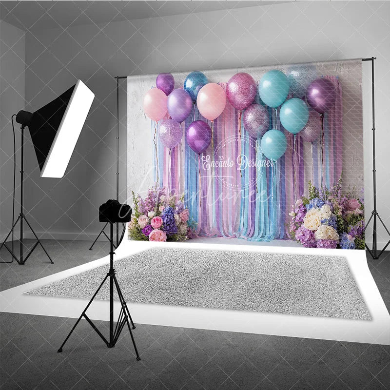 Aperturee - Aperturee Pastel Balloon and Streamer Photography Backdrop Purple Pink and Blue for Wedding or Birthday Party Photo Booth